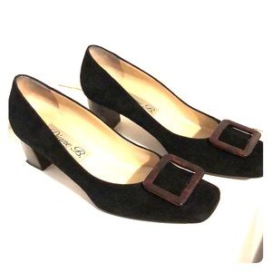 Black Suede Buckle Pumps with Tortoise Patent Buckle and Heel Size 9 (Euro 39.5)